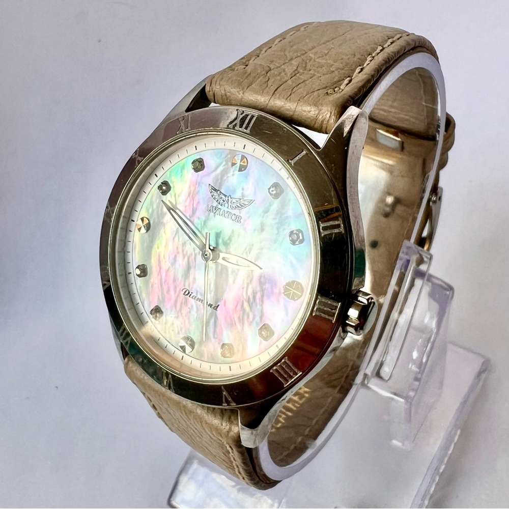 AVIATOR Diamond MOP Dial Quartz 34mm Steel Watch Original Buckle - Picture 3 of 6